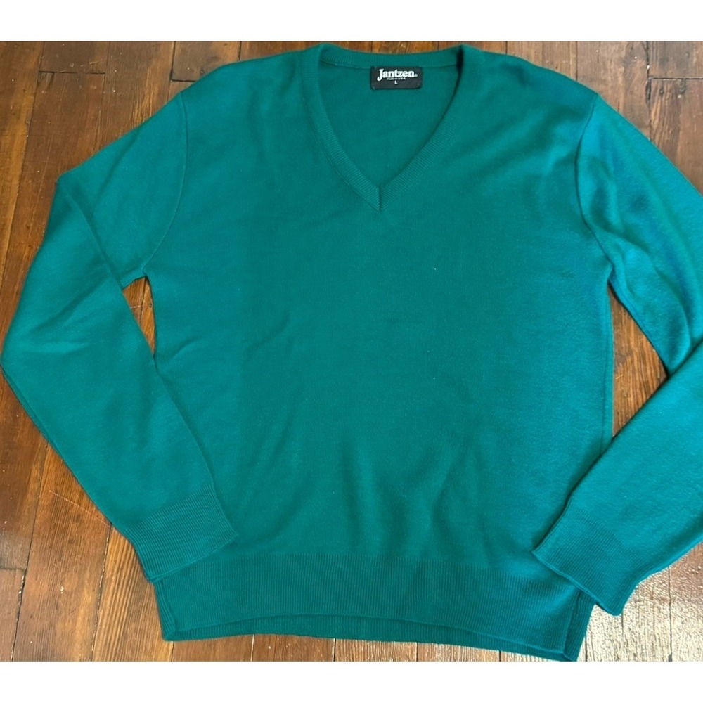 Vintage 50s 60s Green V-Neck Jantzen Sweater Large Grandpacore Classic Preppy